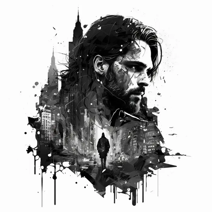 Ink portrait of a bearded man over a city skyline