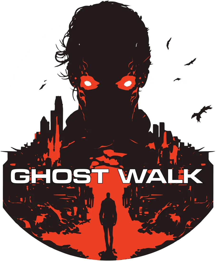Ghost Walk emblem: a silhouetted figure with red eyes before a white moon, a lone walker in a red city below